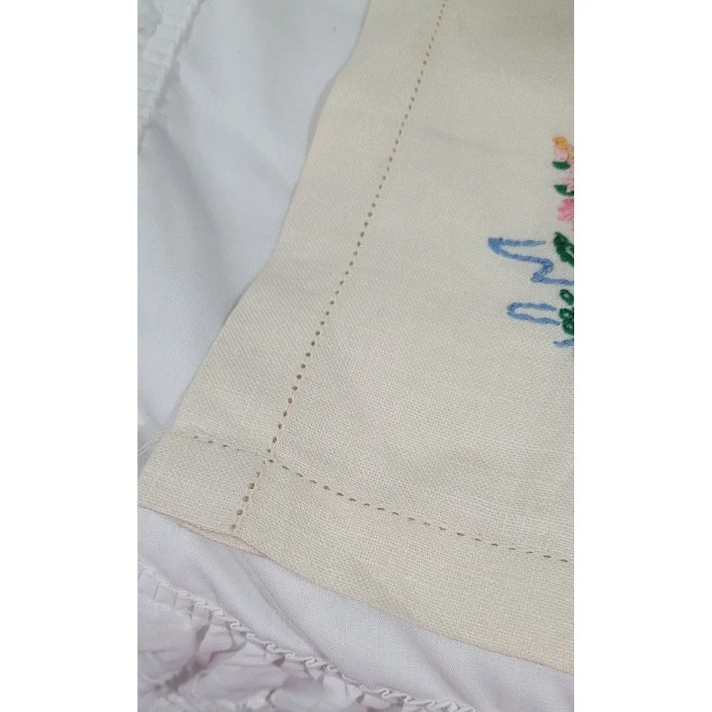 Vintage Embroidered Table Runner with Flamingos and Floral Design